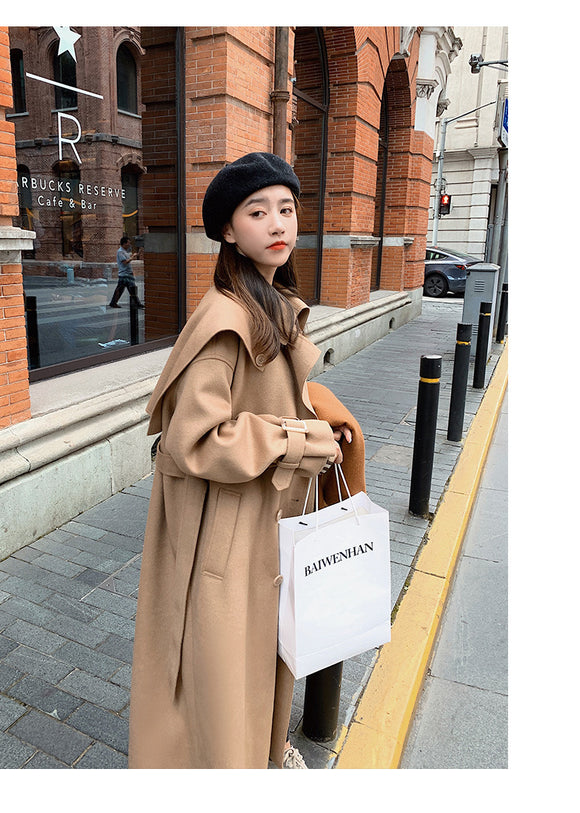 Casaco de Lã Coreano Folgado Grosso Longo Elegante