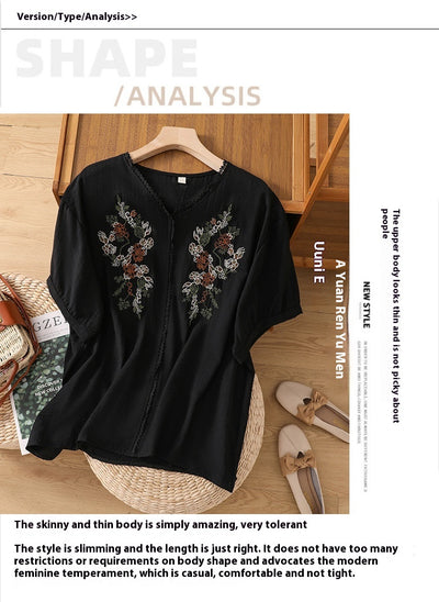 Blusa Suelta de Algodón y Lino con Escote V y Manga Corta para Mujer - Image 26