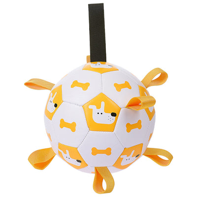 Orange and purple pet football toy with cartoon dinosaur-like characters and 'P' letters, featuring fabric loops and a strap. - Image 5