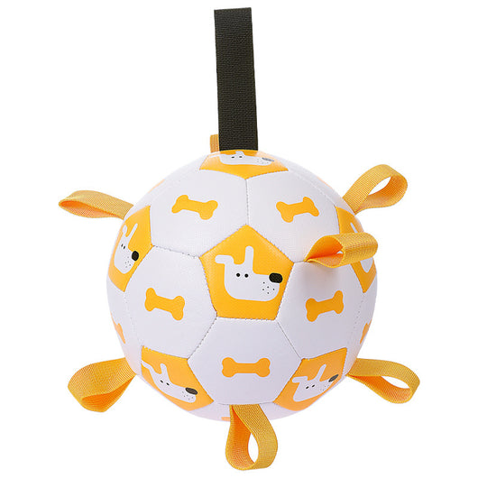 Orange and purple pet football toy with cartoon dinosaur-like characters and 'P' letters, featuring fabric loops and a strap. - Image 5