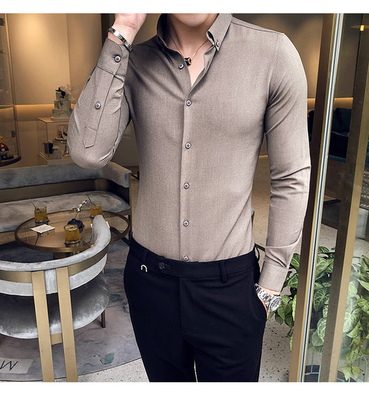 Camisa Manga Larga Estilo Gentleman Británico de Color Sólido - Image 22