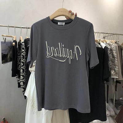 Camiseta Suelta Cuello Redondo con Perlas y Letras Estampadas - Image 12