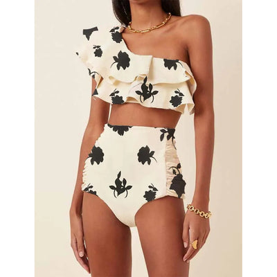Bikini de Cintura Alta con Hombro Descubierto y Volantes Estampado - Image 4