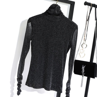 Blusa Coreana de Cuello Alto en Seda Brillante con Mangas Largas para Mujer - Image 9