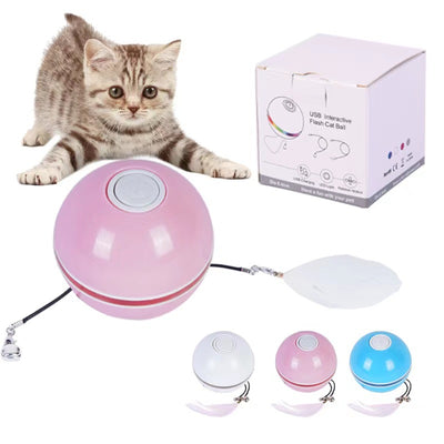 White electric interactive cat toy ball with LED light and feather attachment, shown with its white packaging box. - Image 11
