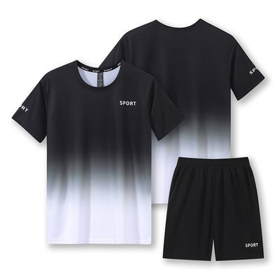 Purple and white gradient short-sleeve t-shirt with 'SPORT' text and black athletic shorts for women. - Image 9