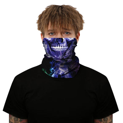 Black and white neck gaiter featuring a detailed skull and spine print, suitable for outdoor sports. - Image 18