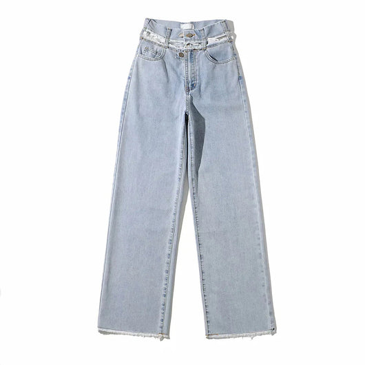 Pantalón Denim Recto con Borde Crudo y Drapeado Hueco - Image 7