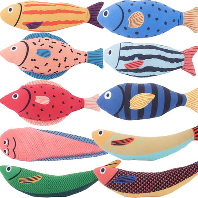 Blue star-spotted fish cat toy with orange fins and tail, 23cm long and 9cm wide, filled with catnip. - Image 17