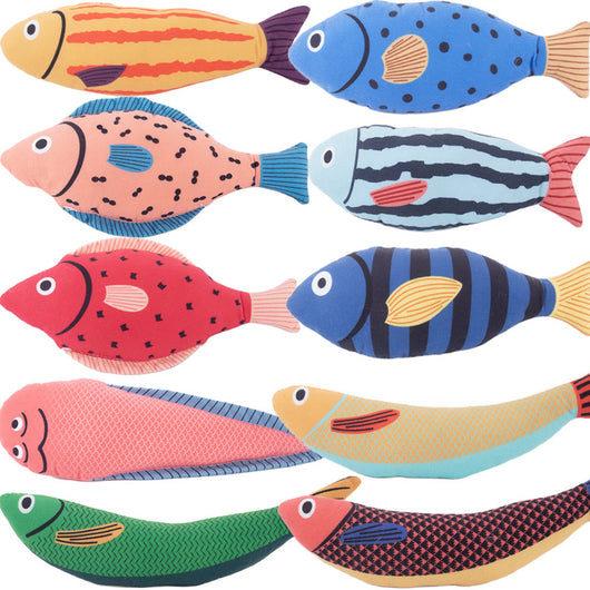 Blue star-spotted fish cat toy with orange fins and tail, 23cm long and 9cm wide, filled with catnip. - Image 17
