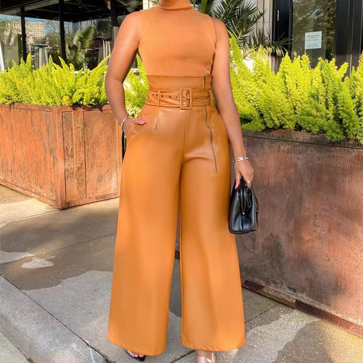 Pantalones de Cuero PU Cintura Alta Estilo INS para Mujer - Image 14