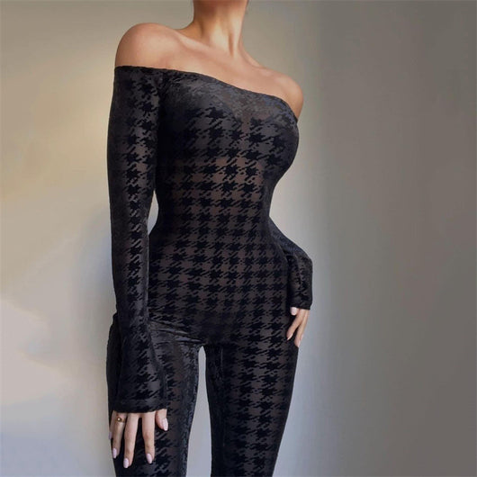 Jumpsuit Ajustado Asimétrico con Rayas y Hombro Descubierto