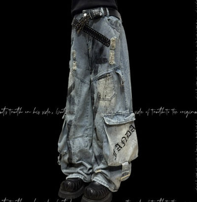 Pantalón Vaquero Ancho Rotos con Bolsillos Múltiples Estilo Urbano Graffiti - Image 9