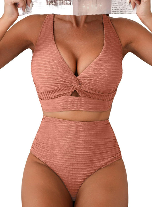 Women's teal ribbed two-piece swimsuit featuring a halter neck top with twisted front and high-waisted bottoms. - Image 11