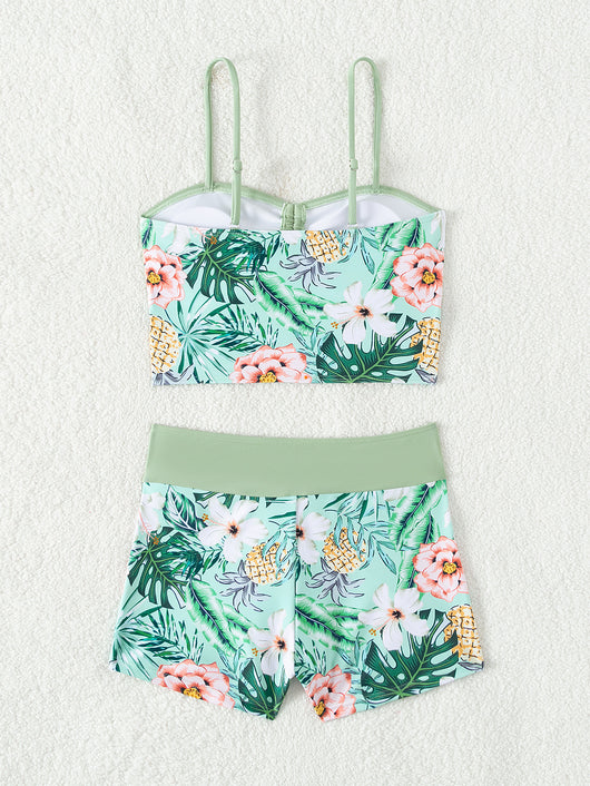 Women's light green two-piece bikini swimsuit with tropical floral and pineapple print, featuring drawstring top and shorts. - Image 17