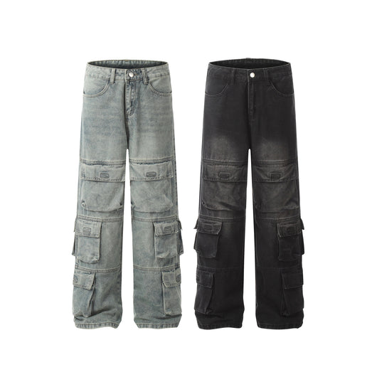 Jeans Casuales Hombre con Múltiples Bolsillos - Estilo Street Lavado Pesado