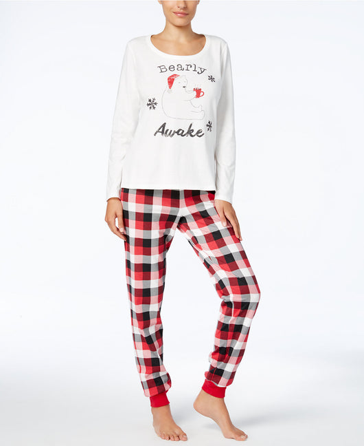 Mother and child in matching red, black, and white plaid Christmas pajamas, child wearing a Santa hat. - Image 7