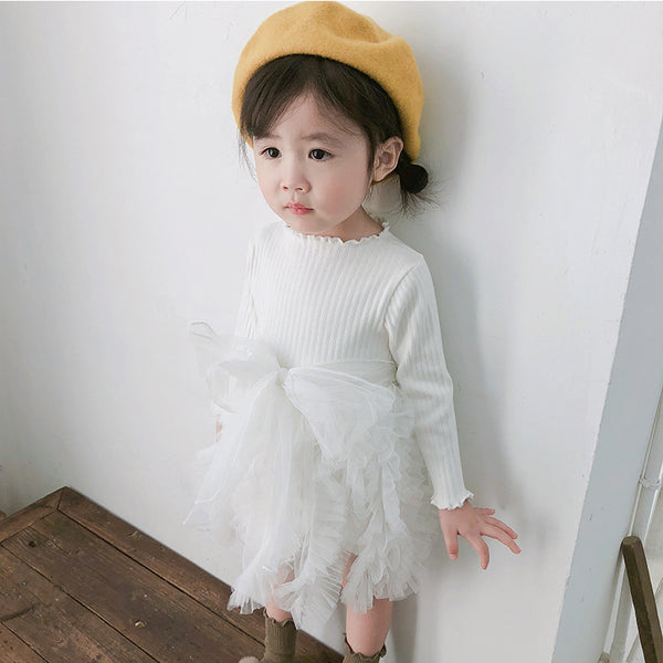 Vestido Infantil de Otoño con Lazo y Mangas Largas en Tul Tejido