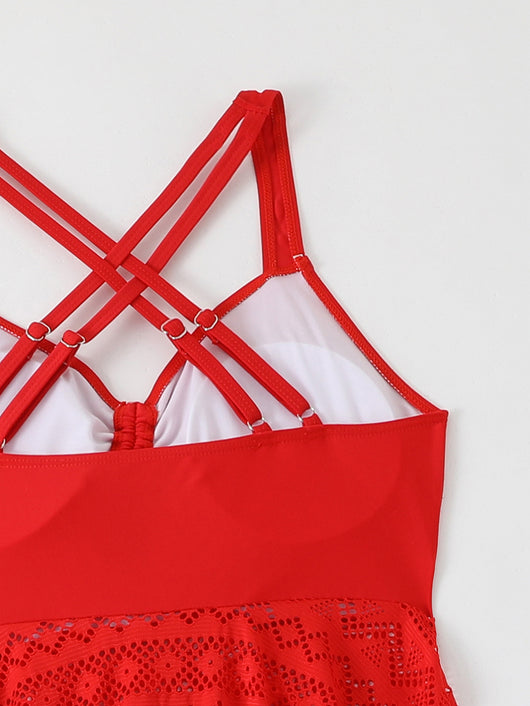Plus size red two-piece swimsuit with a sling top and a laser-cut swim skirt, worn with a straw hat. - Image 22