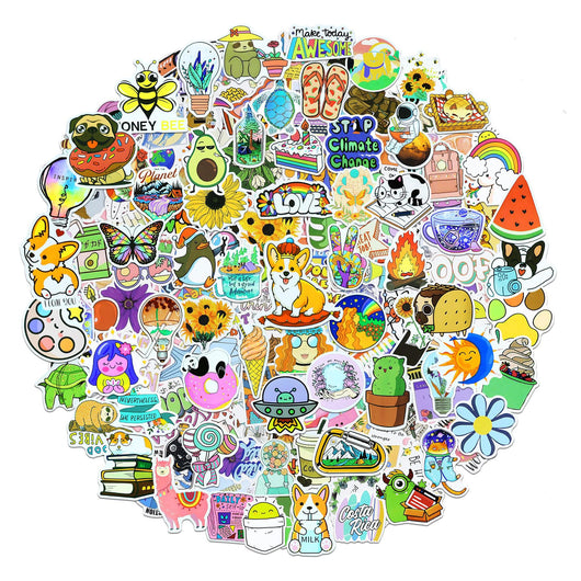 200 assorted waterproof PVC stickers featuring diverse designs like sunflowers, butterflies, rainbows, travel scenes, and positive quotes. - Image 8