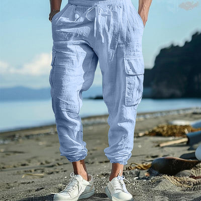 Pantalones Casuales de Algodón y Lino con Múltiples Bolsillos y Cordón Ajustable - Image 3