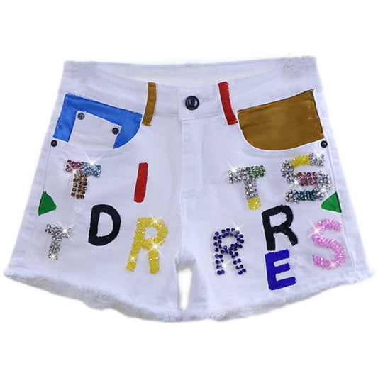 Shorts de Mezclilla Blanca Slim Fit con Detalles Diamantados