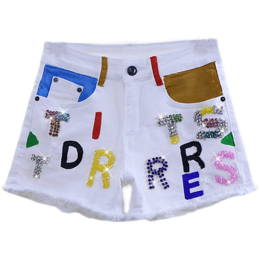 Shorts de Mezclilla Blanca Slim Fit con Detalles Diamantados