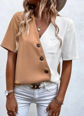 Blusa Elegante de Chifón con Contraste y Manga Corta para Mujer - Image 6