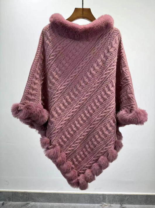 Poncho Tipo Capa de Punto Grueso con Cuello de Pelaje - Image 12