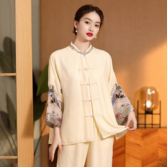 Blusa Vintage Bordada para Mujer con Cuello Mao Holgada