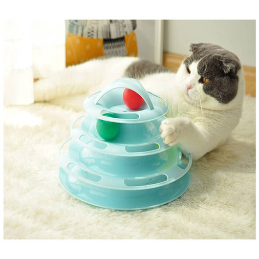 Pink four-layer cat turntable toy with colorful balls on each track, measuring 16cm high and 29cm wide. - Image 15