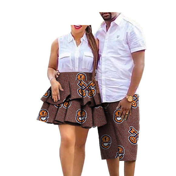 Conjunto de Pareja Estampado Africano en Algodón - Falda para Ella y Shorts para Él