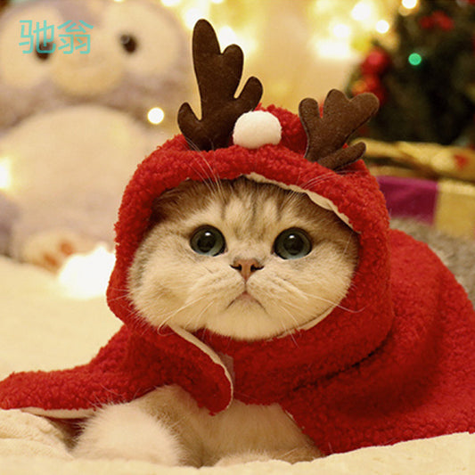 Capa y Gorro Navideño con Astas para Mascotas - Abrigo Cálido Otoño e Invierno