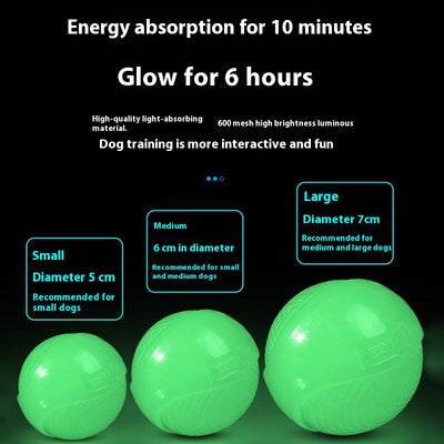 Three glowing green luminous rubber toy balls for dogs in small, medium, and large sizes, recommended for different dog breeds. - Image 4