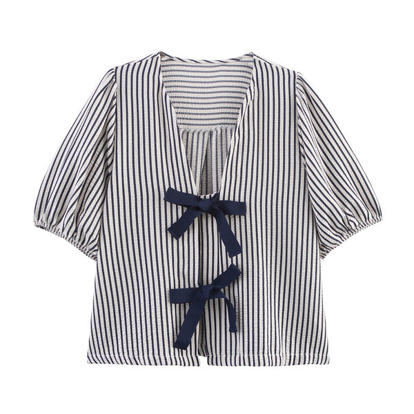 Blusa Rayada con Moño - Manga Corta Versátil para Verano - Image 4
