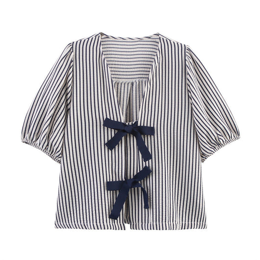 Blusa Rayada con Moño - Manga Corta Versátil para Verano - Image 4