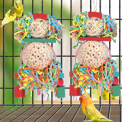 Colorful parrot toy with a woven straw ball, wooden beads, and shredded paper, designed for chewing and entertainment. - Image 9