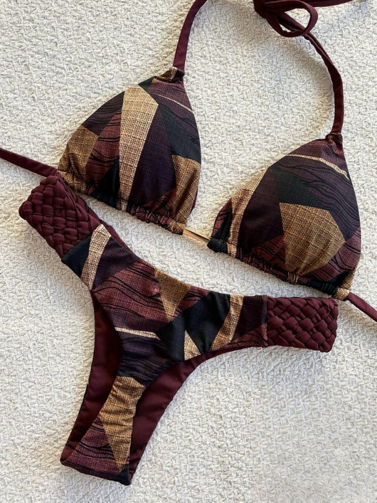 Women's blue, white, and gold marble print bikini with a triangle halter top and braided rope side details. - Image 25