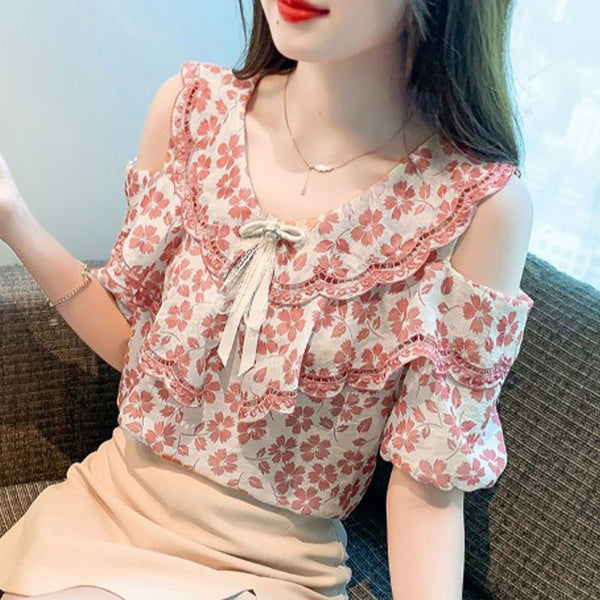 Blusa Chiffon Floral Hombro Descubierto - Camisa Romántica de Manga Corta - Image 6
