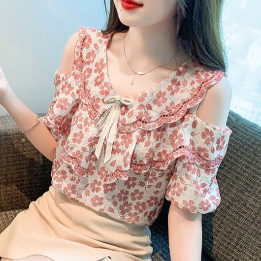 Blusa Chiffon Floral Hombro Descubierto - Camisa Romántica de Manga Corta - Image 6