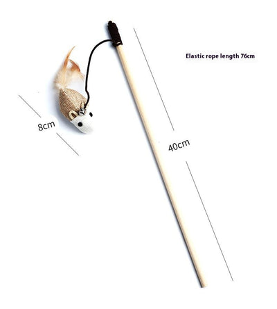 Cat teaser toy with a long wooden pole, a striped ball, brown feathers, and a small bell. - Image 24