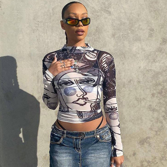Blusa de Malla Semitransparente Cuello Redondo Manga Larga Ajustada
