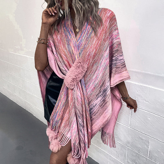 Abrigo Poncho Tejido con Borlas de Colores Contrastantes para Mujer - Image 15