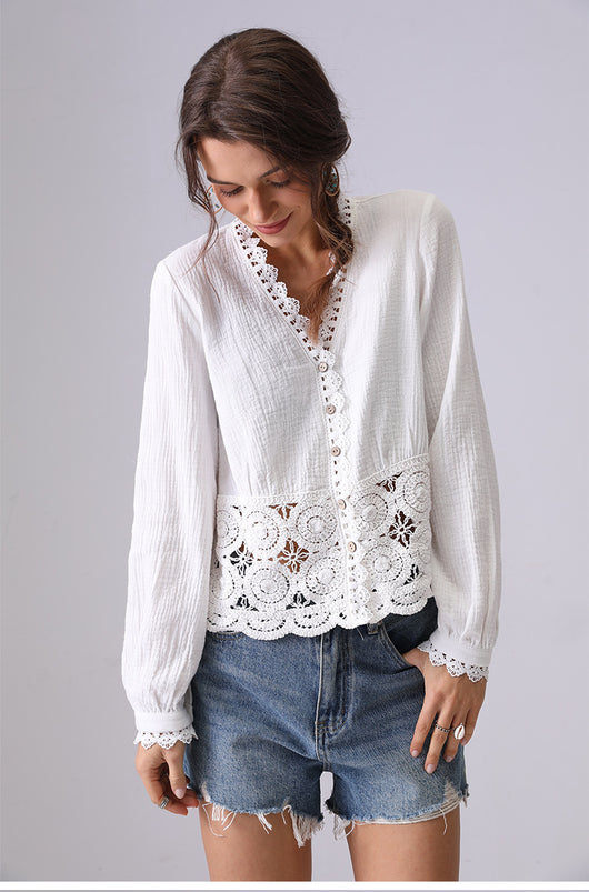 Blusa Suelta de Encaje Hueco Francés para Mujer - Image 14