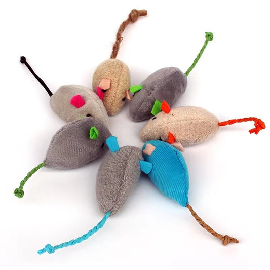 Seven colorful plush mouse cat toys with different colored bodies, ears, and tails, arranged in a circle.