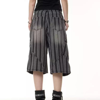 Pantalones Cropped de Pierna Ancha con Rayas Vintage Desgastadas para Mujer - Image 9