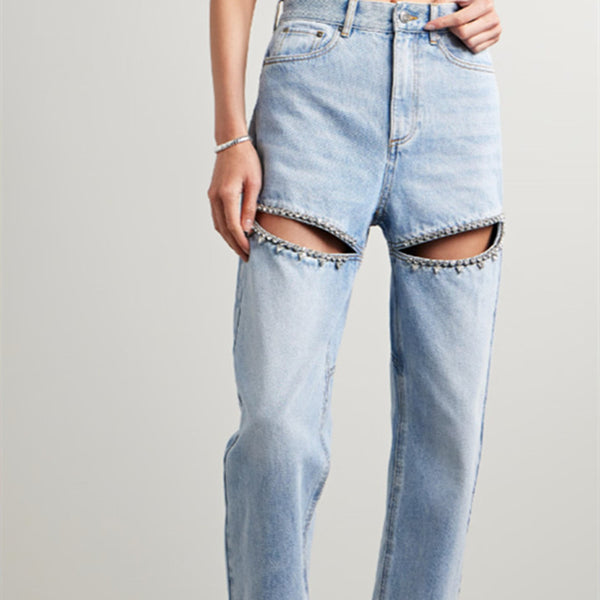 Jeans Anchos con Detalles de Diamantes para Mujer