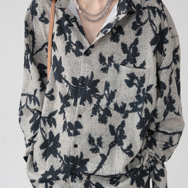 Camisa Vintage Jacquard Contraste Efecto Desgaste Manga Larga