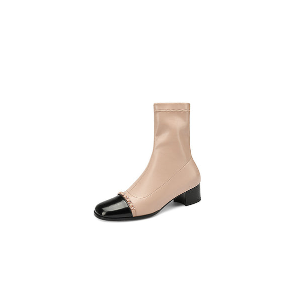 Botas Cortas de Cuero Genuino con Tacón Grueso y Punta Redonda