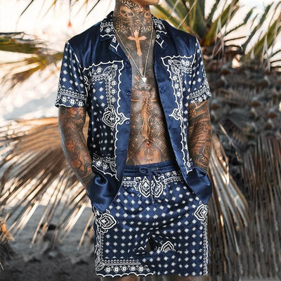 Traje Suelto Hombre Manga Corta Estampado a Rayas - Image 9